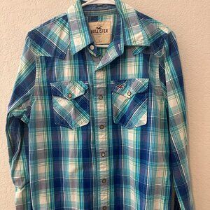 Hollister Blue & White Plaid Print Long Sleeve Button Down Shirt - L